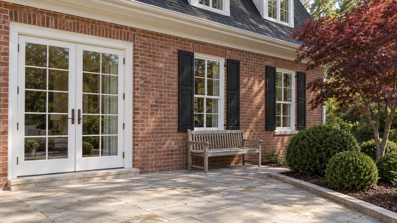 Red-brick home with white-muntin terrace doors, black-shuttered windows and a limestone terrace bordered by boxwood and a burgundy Japanese maple.