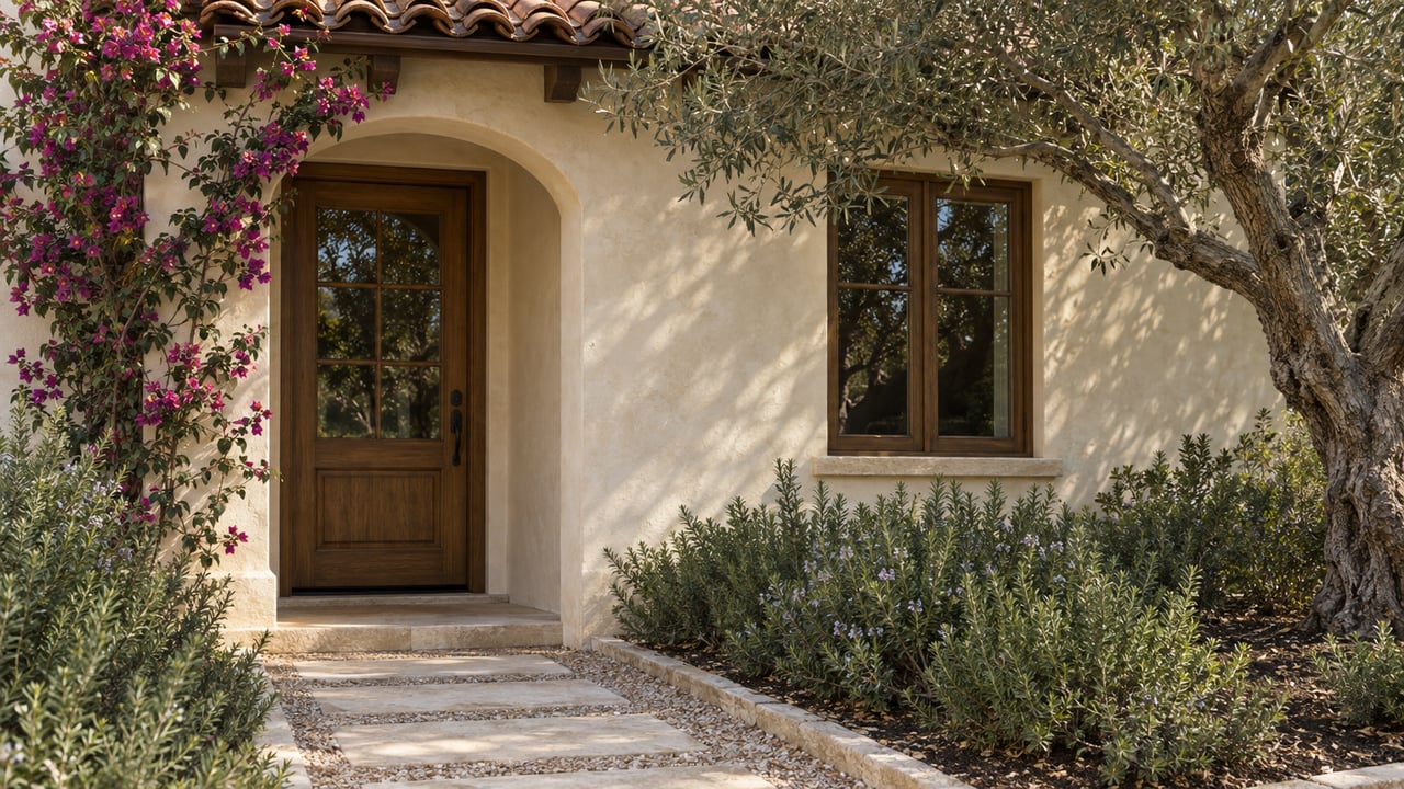 Ivory-stucco home entrance with recessed arch, timber-and-glass door, olive tree and sparse magenta bougainvillea.