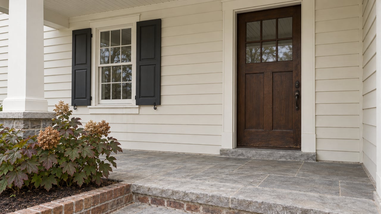 Covered entry with an oak door, ivory clapboard, paired dark shutters, limestone steps and an oakleaf hydrangea.