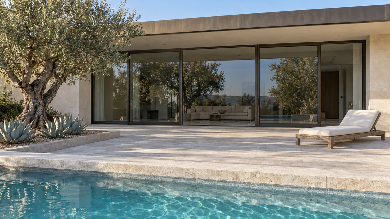 Morning light across a pale-stone pool terrace, bronze-framed glass doors, ivory stucco and a sculptural olive tree.