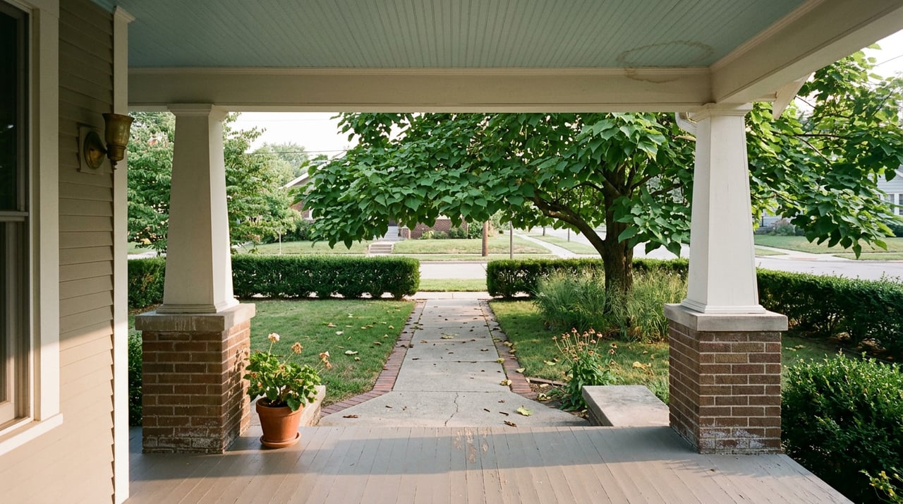 Bungalow porch frames a concrete walk through a narrow lawn and clipped hedge beneath a broad catalpa canopy.