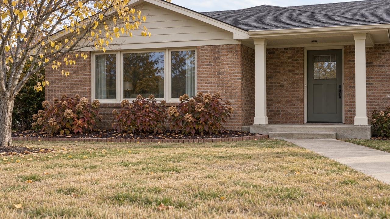 Soft autumn light on a brick ranch porch, cream-framed window and redbud beside a broad front lawn.