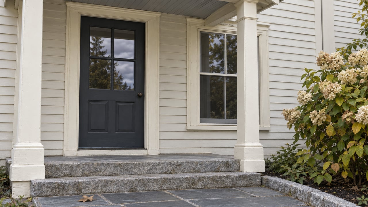 Recessed gray door beneath a gabled porch, with granite steps, slate paving, and a flowering hydrangea.