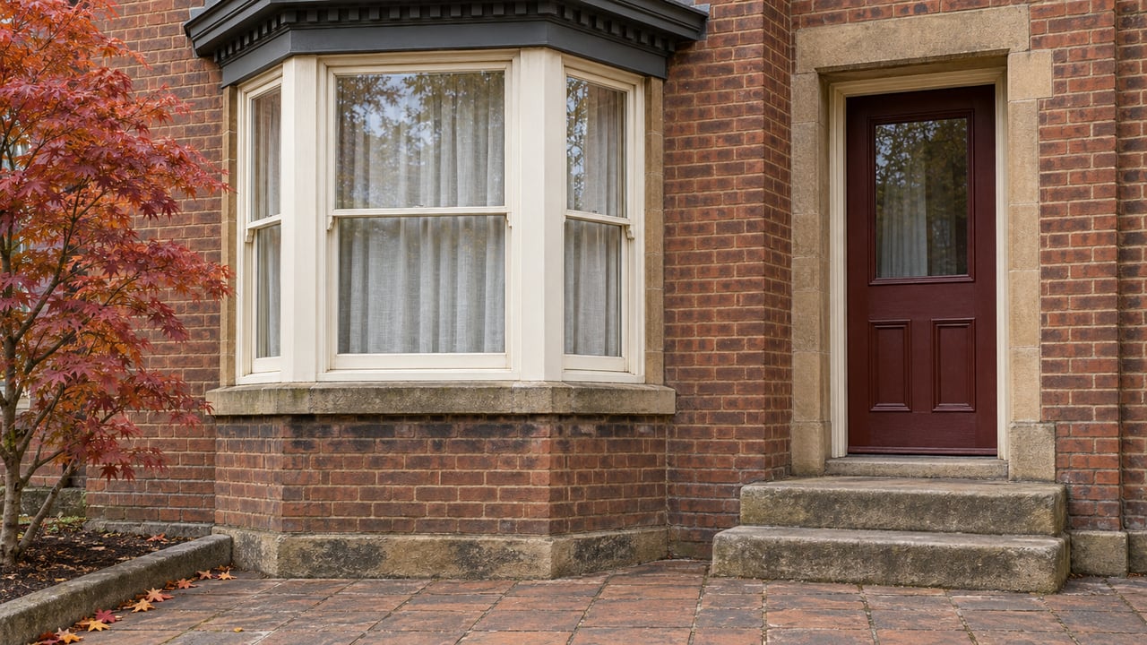 Russet brick home with cream-painted bay windows, a recessed oxblood door, worn sandstone steps and copper-red maple leaves.
