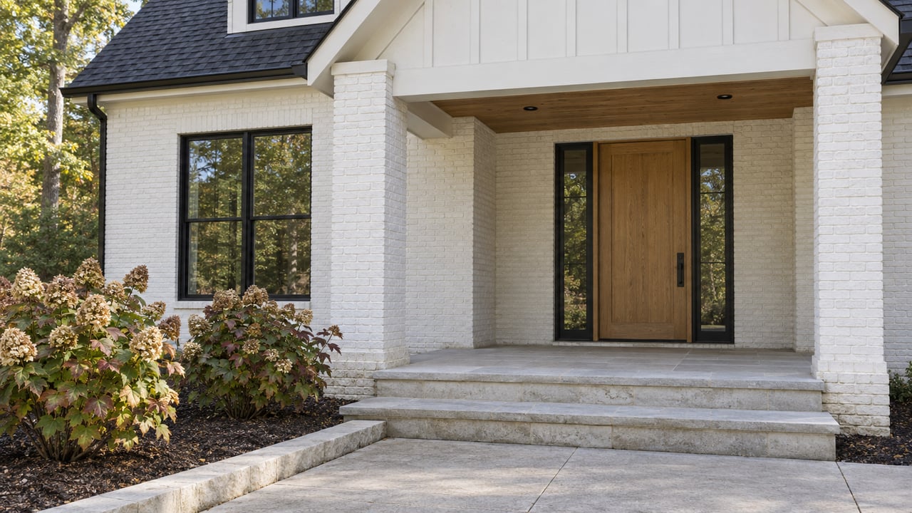 White brick home with a tall wood front door, black-framed windows, and broad stone entry steps.