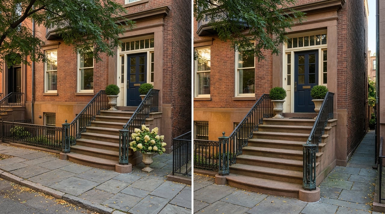Attached brick-and-brownstone rowhouse with a raised iron-railed stoop, navy door, and leafy street tree.