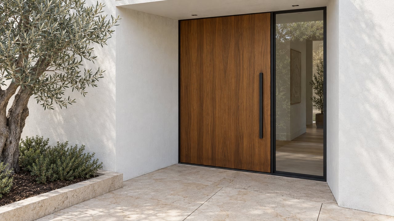 Recessed teak entrance with a narrow glass sidelight, limestone steps, and an olive tree at left.