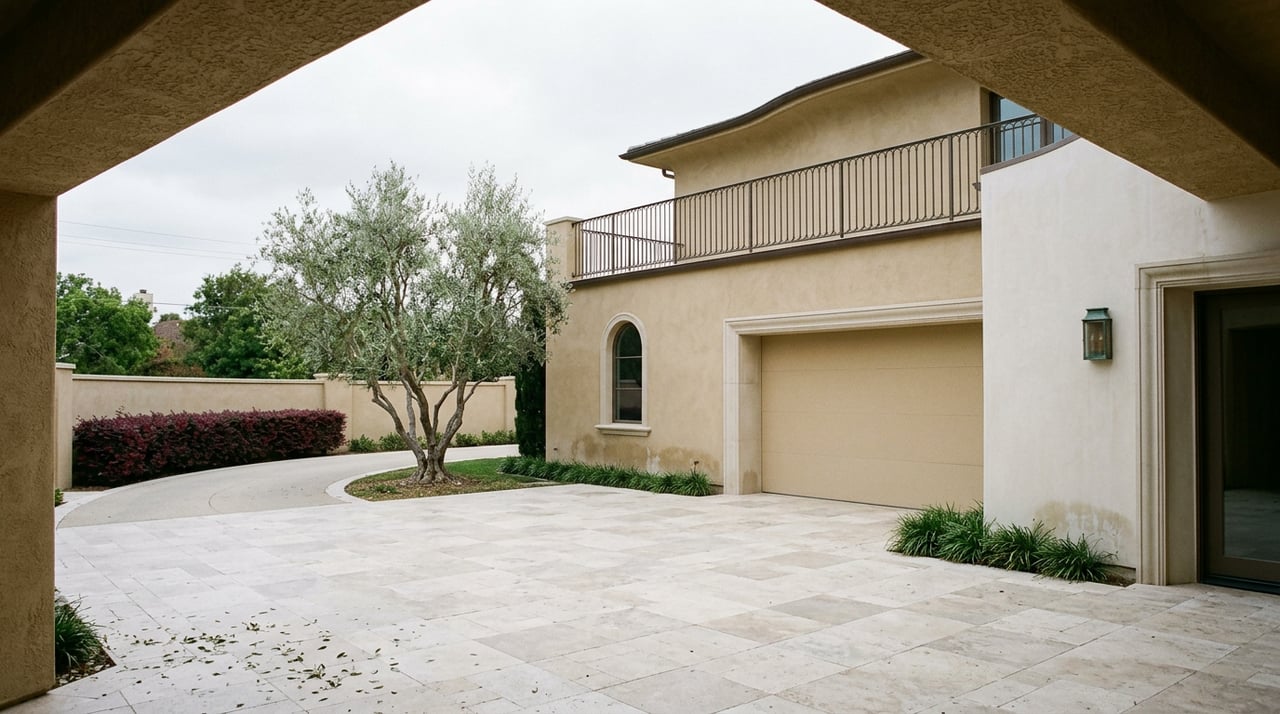 Sand-toned stucco home with a curved roofline, iron balcony, arched window, and olive tree beside a paved drive.