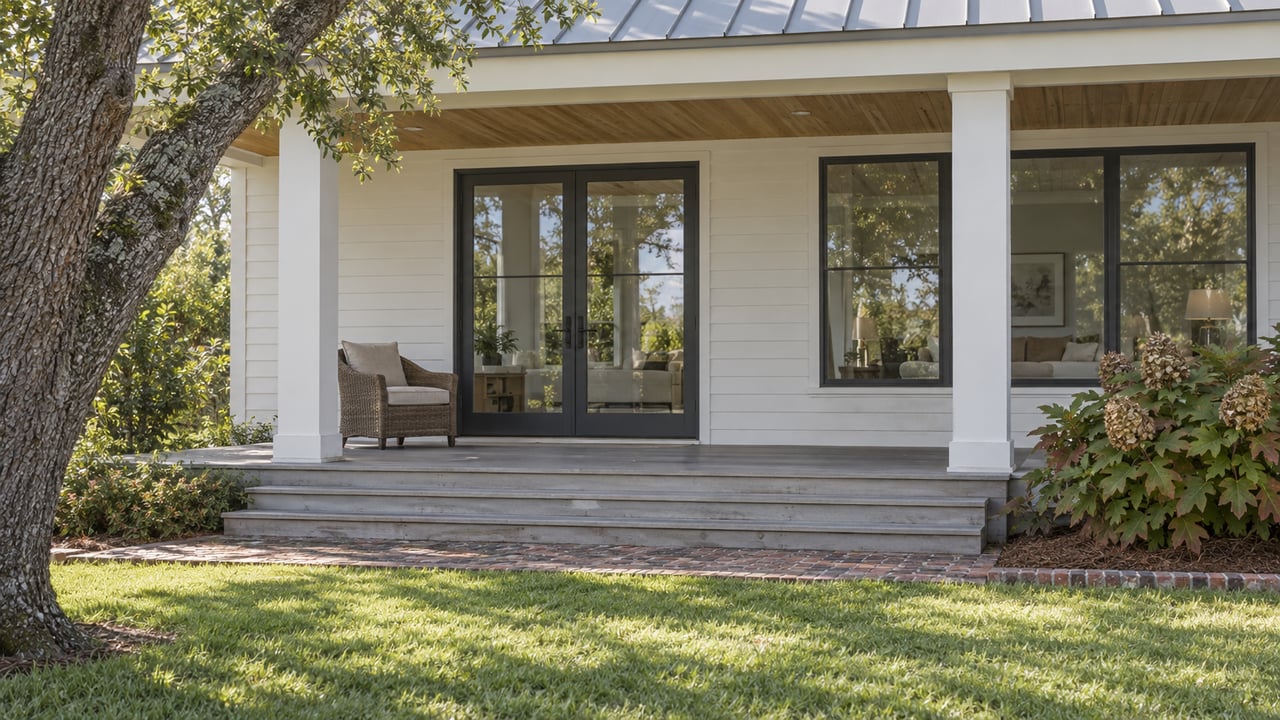 White-sided home with a shaded wood-ceiling porch, charcoal-framed glass doors and broad steps leading to a brick landing and green lawn.
