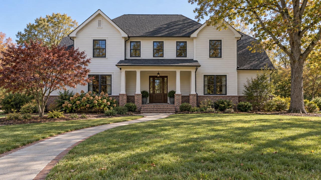 Two-story white lap-sided home with brick accents, a covered front porch and a deep autumn lawn framed by an oak and flowering dogwood.