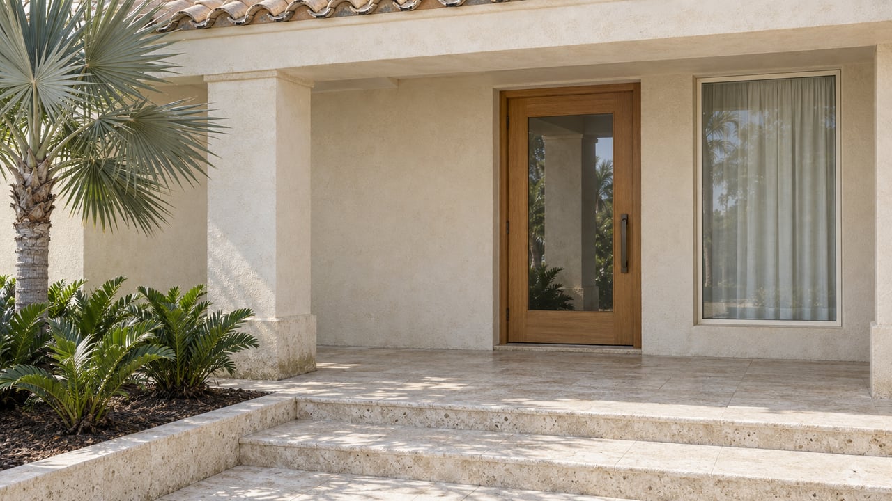 Sunlit ivory stucco home entrance with a glazed wood door, shell-limestone steps, and silver thatch palm.