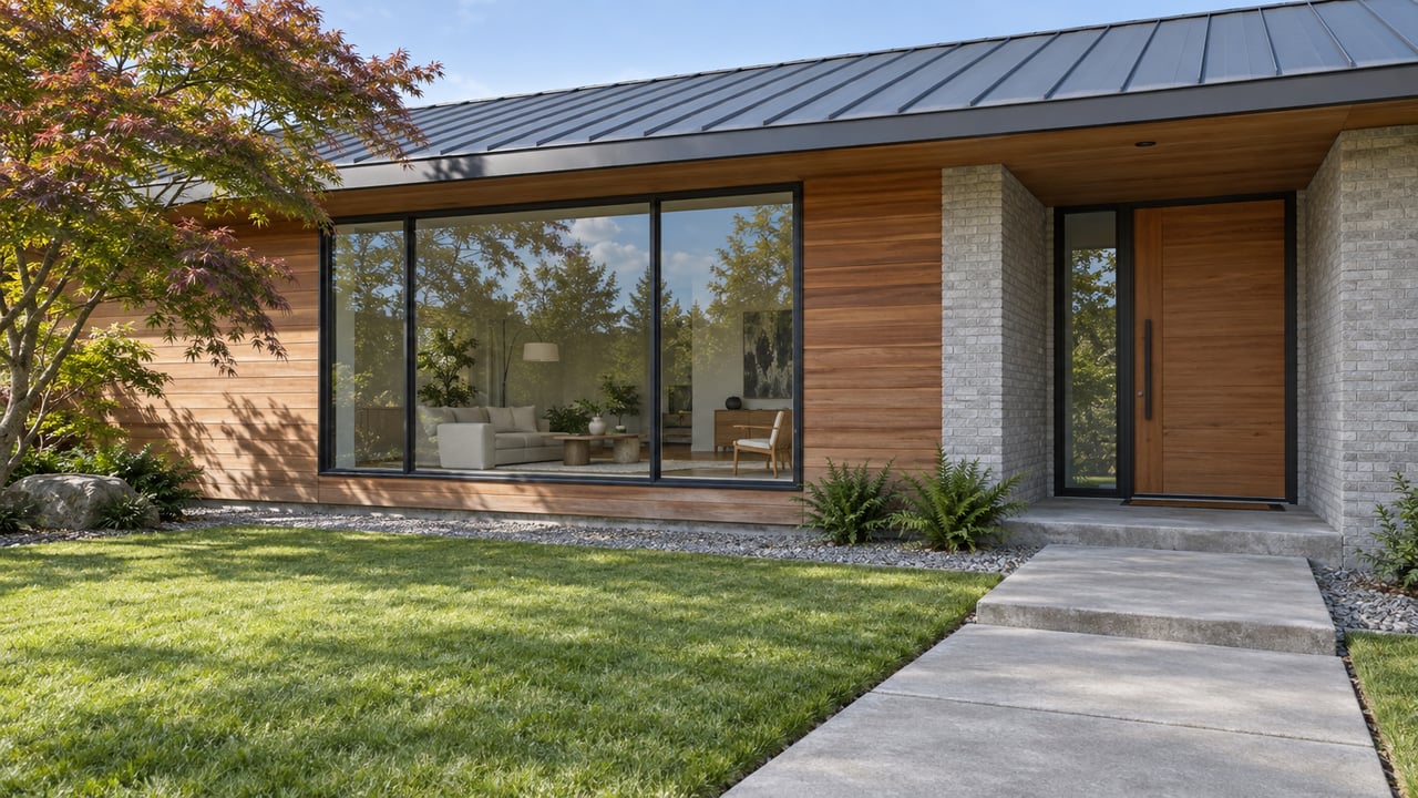 Contemporary home with warm cedar siding, pale brick entry, dark-framed windows and a concrete walk across a deep green lawn.