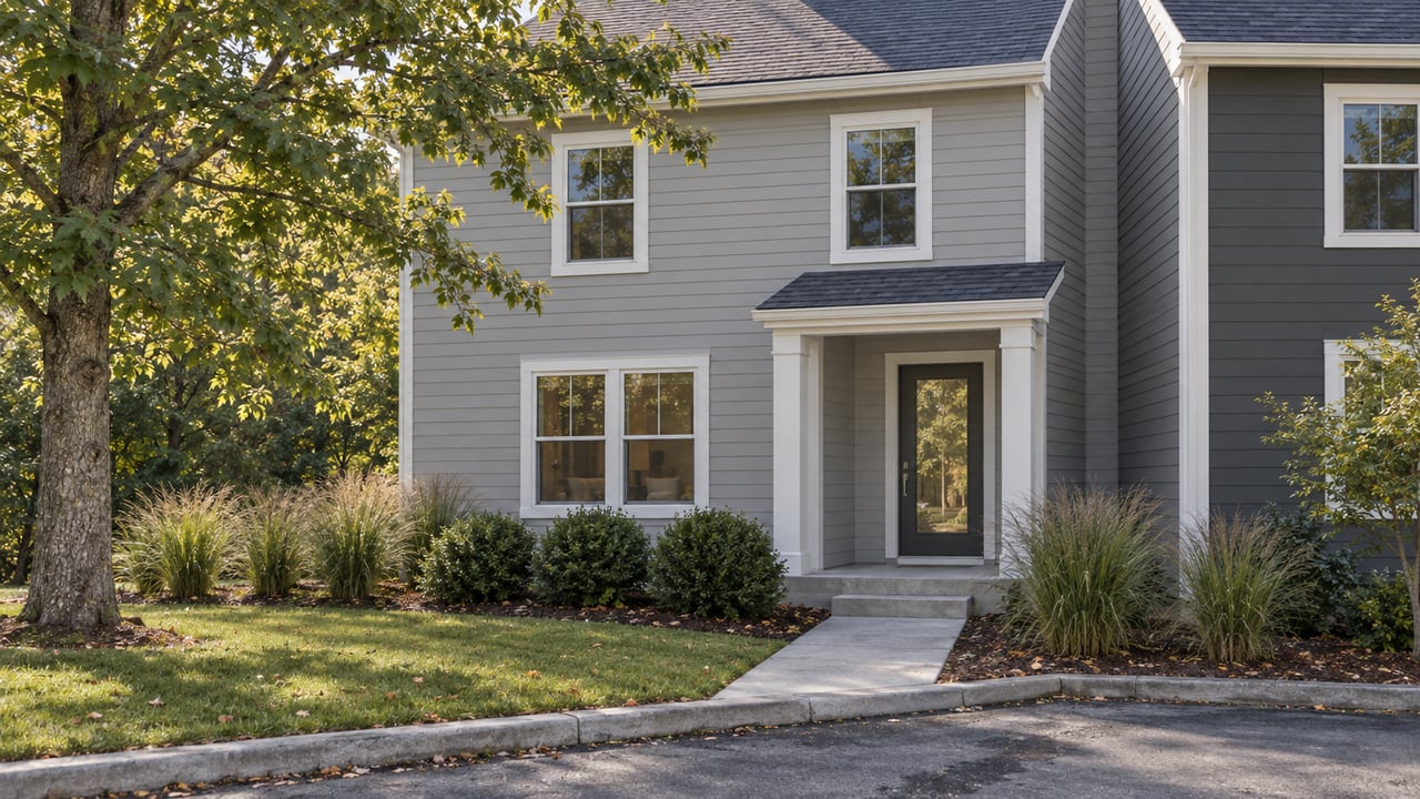 Two-story attached home with gray siding, a recessed glazed entry, concrete walkway, and landscaped front yard.