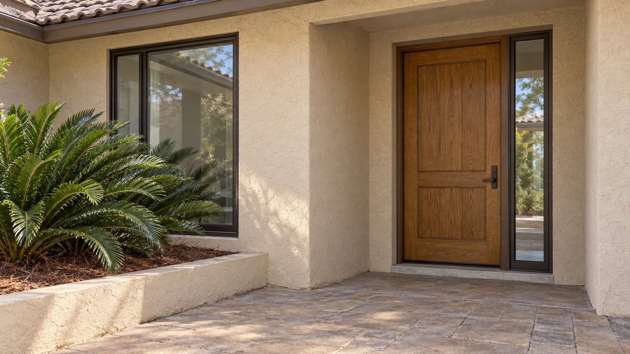 Sand-colored stucco entry with an oak door, glazed sidelight, bronze-framed window, and raised bed of green fronds.