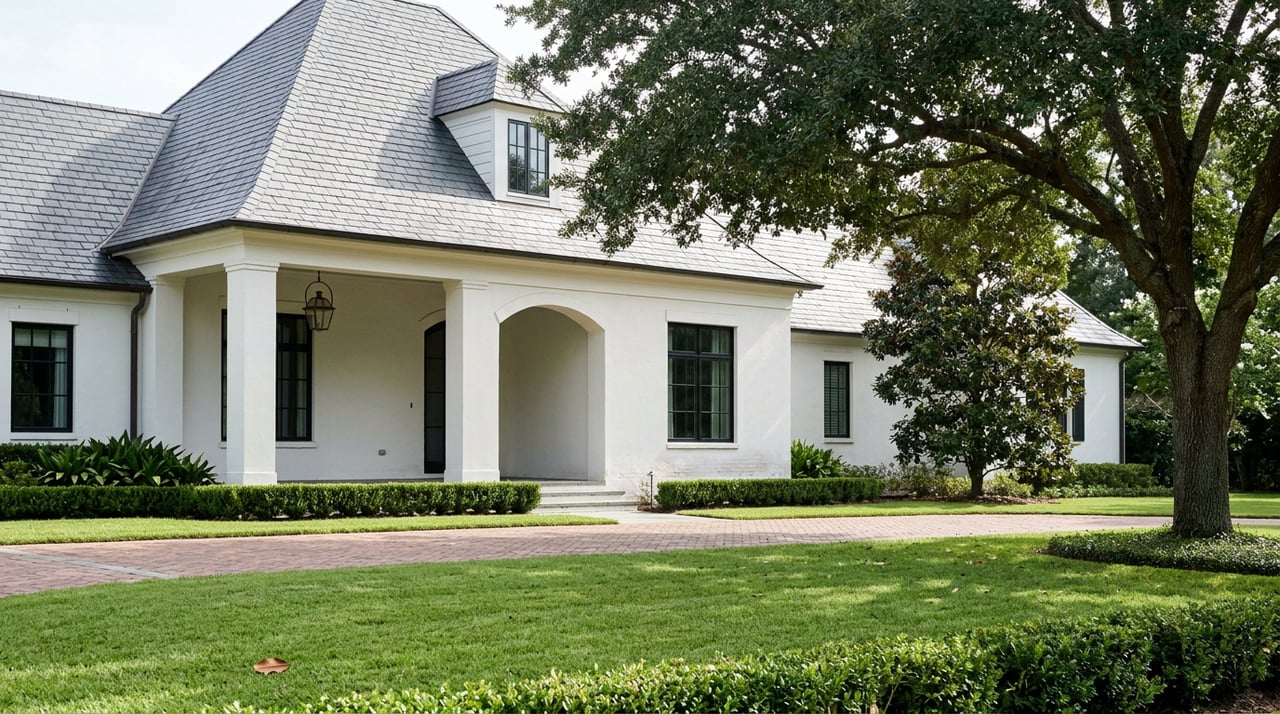 White masonry estate with an arched columned porch, slate roof, and live oak beyond a broad lawn.