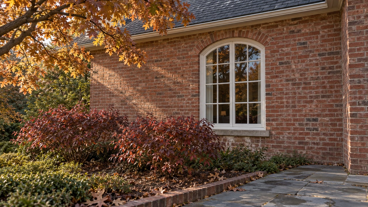 Weathered red-brick facade with a tall arched divided-light window, framed by tawny oak leaves and burgundy shrubs.