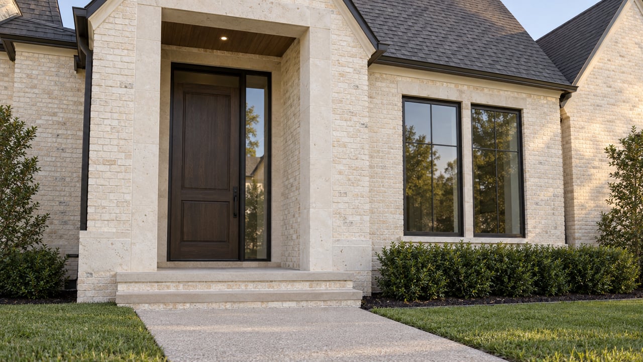 Cream brick home with a limestone-framed oak entry, tall black-framed windows, and a concrete approach bordered by lawn and clipped dwarf yaupon.