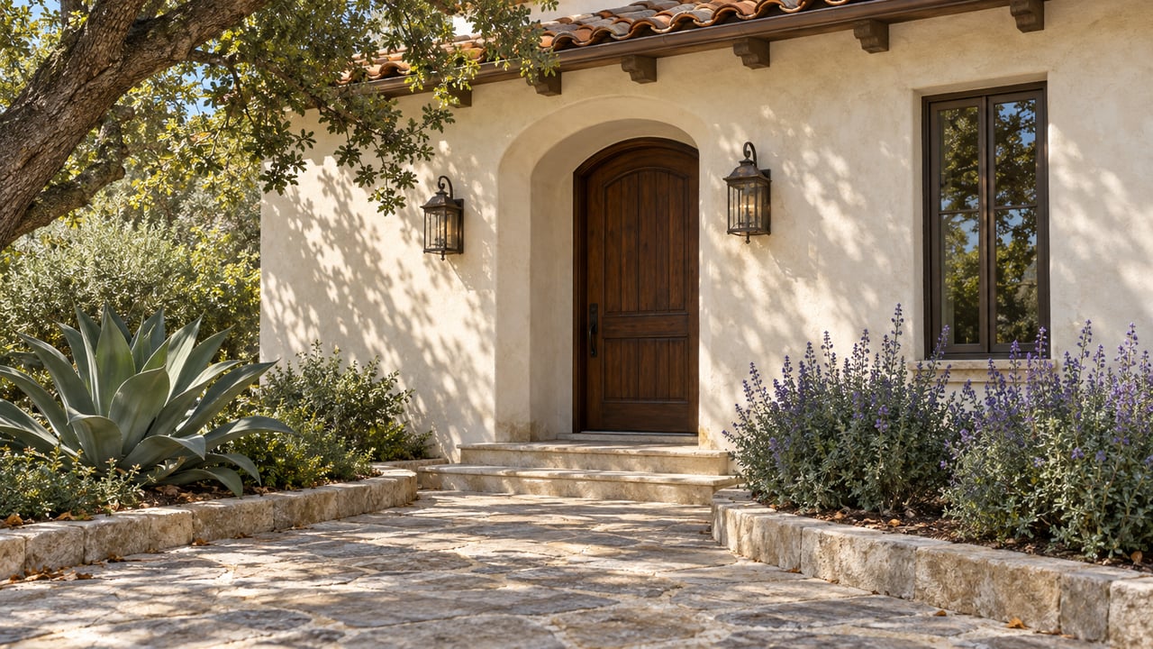Stucco home entrance with a recessed oak door, arched entry, flagstone path, agave, and salvia beneath an oak canopy.