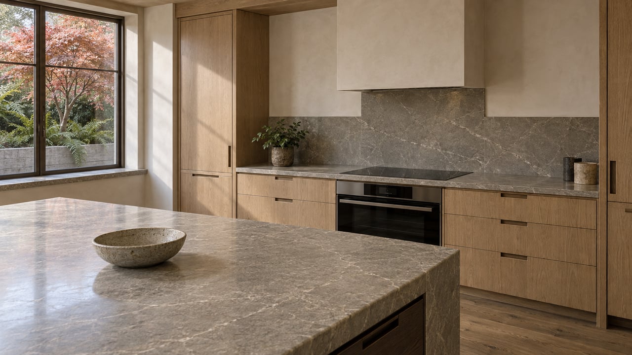 Sunlit quartzite island and oak cabinetry in a custom kitchen, with copper-red maple leaves visible through a bronze-framed window.