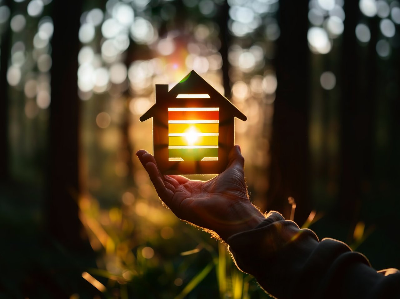 Hand holding a house-shaped cutout glowing in warm sunset light.