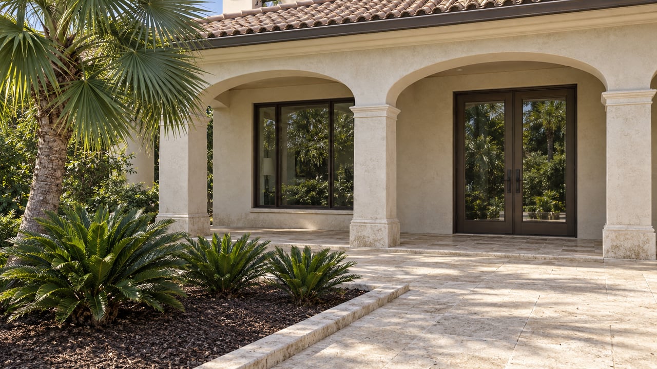 Cream stucco home with tiled eaves, arched loggia, bronze-framed glazing and a limestone approach beside a fan palm.