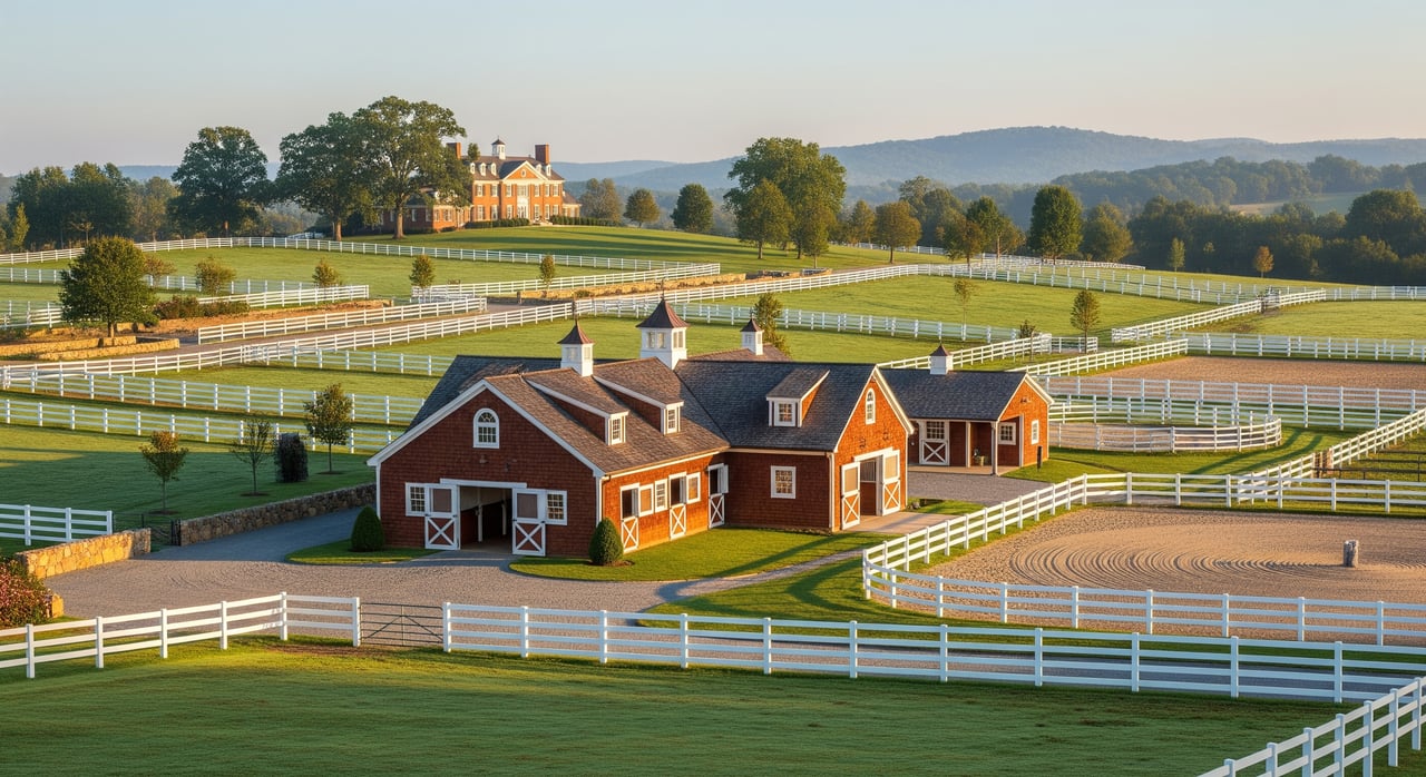 Red barns and white-fenced paddocks across rolling countryside, with a manor house in the distance.