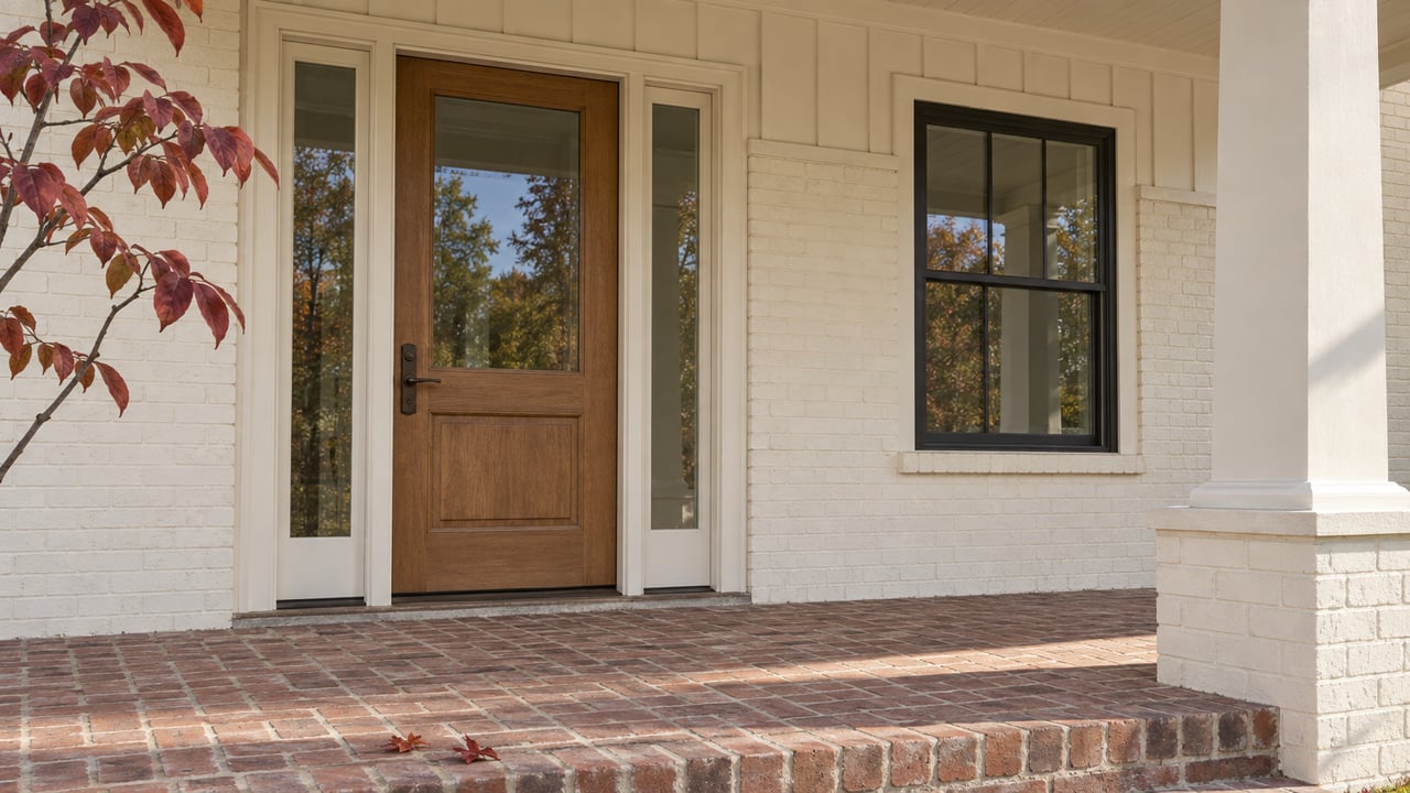 Covered brick front porch with an oak entry door, paired glass sidelights and burgundy dogwood leaves in morning light.