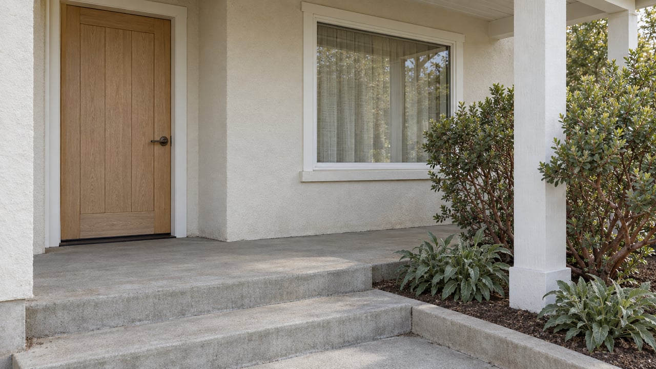 Covered stucco entry with a pale oak door, white-framed window, concrete steps and sculptural manzanita planting.