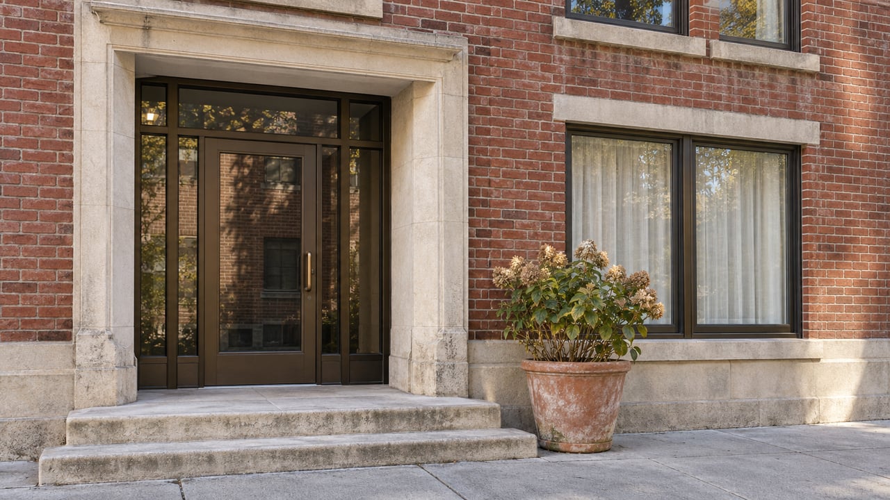 Sunlit red-brick condominium entrance with limestone steps, bronze-framed glazing, and a potted hydrangea.