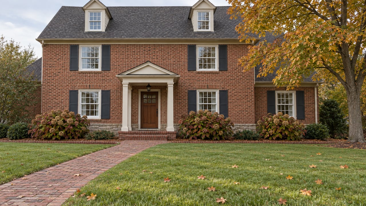 Traditional brick home with white multi-pane windows, a shallow covered entry, deep lawn and an amber-leaved maple.