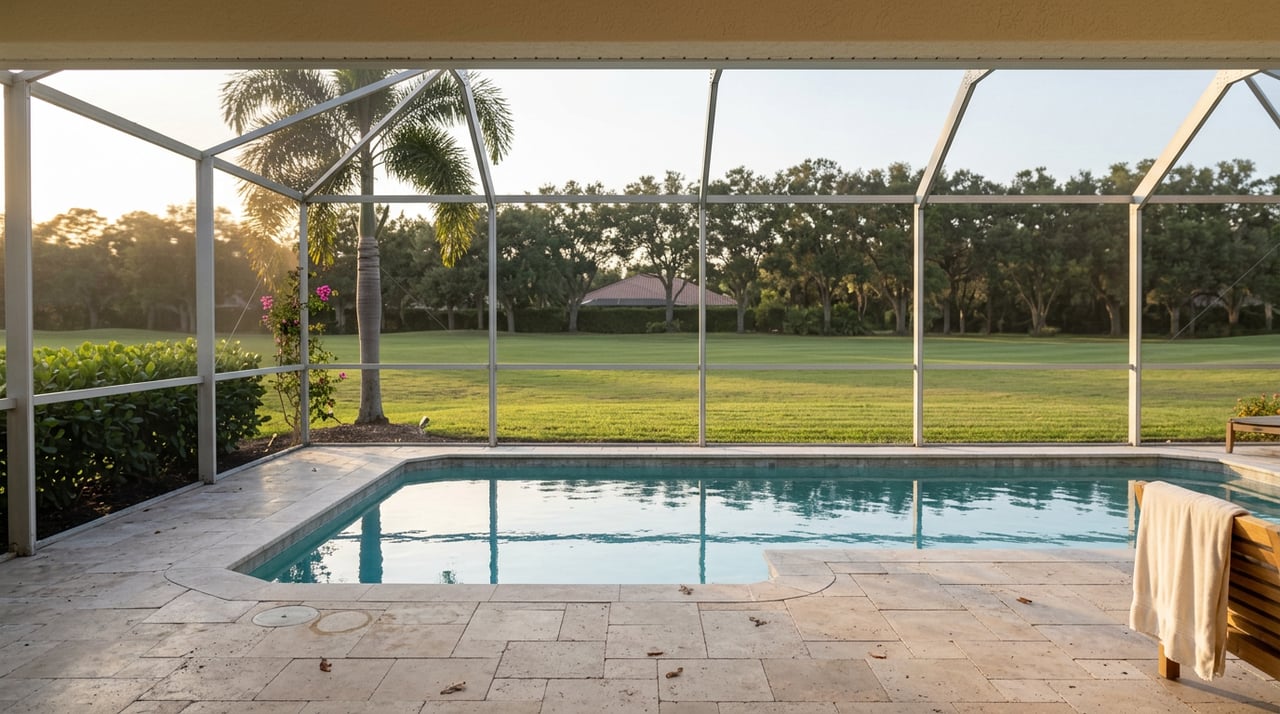 Turquoise pool and travertine lanai overlook a mown lawn, with a royal palm beside the screened enclosure.