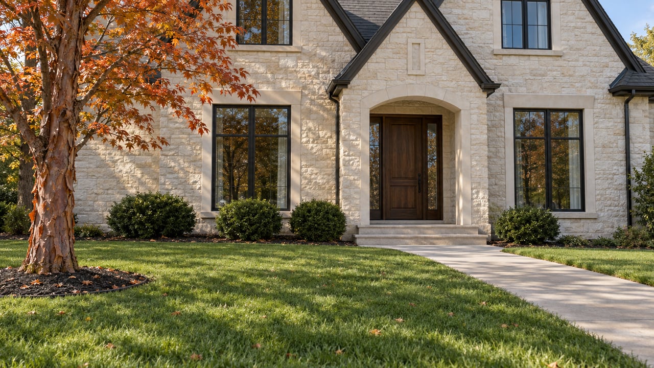 Pale limestone two-story home with dark gables, tall black-framed windows, a deep green lawn, and one copper-barked tree in autumn color.