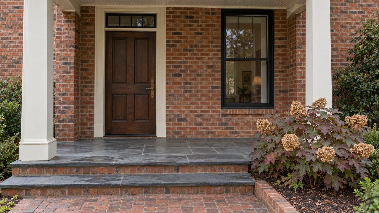 A weathered brick home entrance with an oak door, slate steps, black sash window and oakleaf hydrangea.