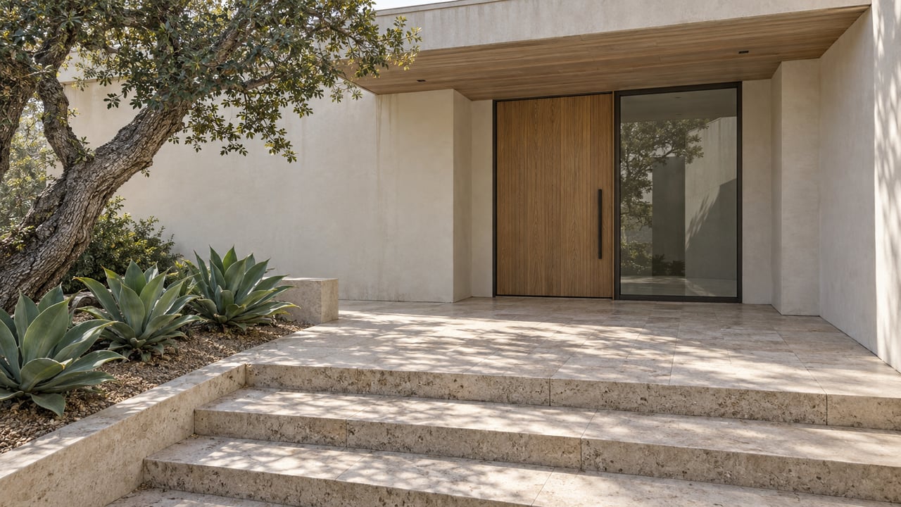 Elevated view of a limestone approach to a pale stucco home with a cedar soffit, oak entry door, glass panel and sculptural oak planting.
