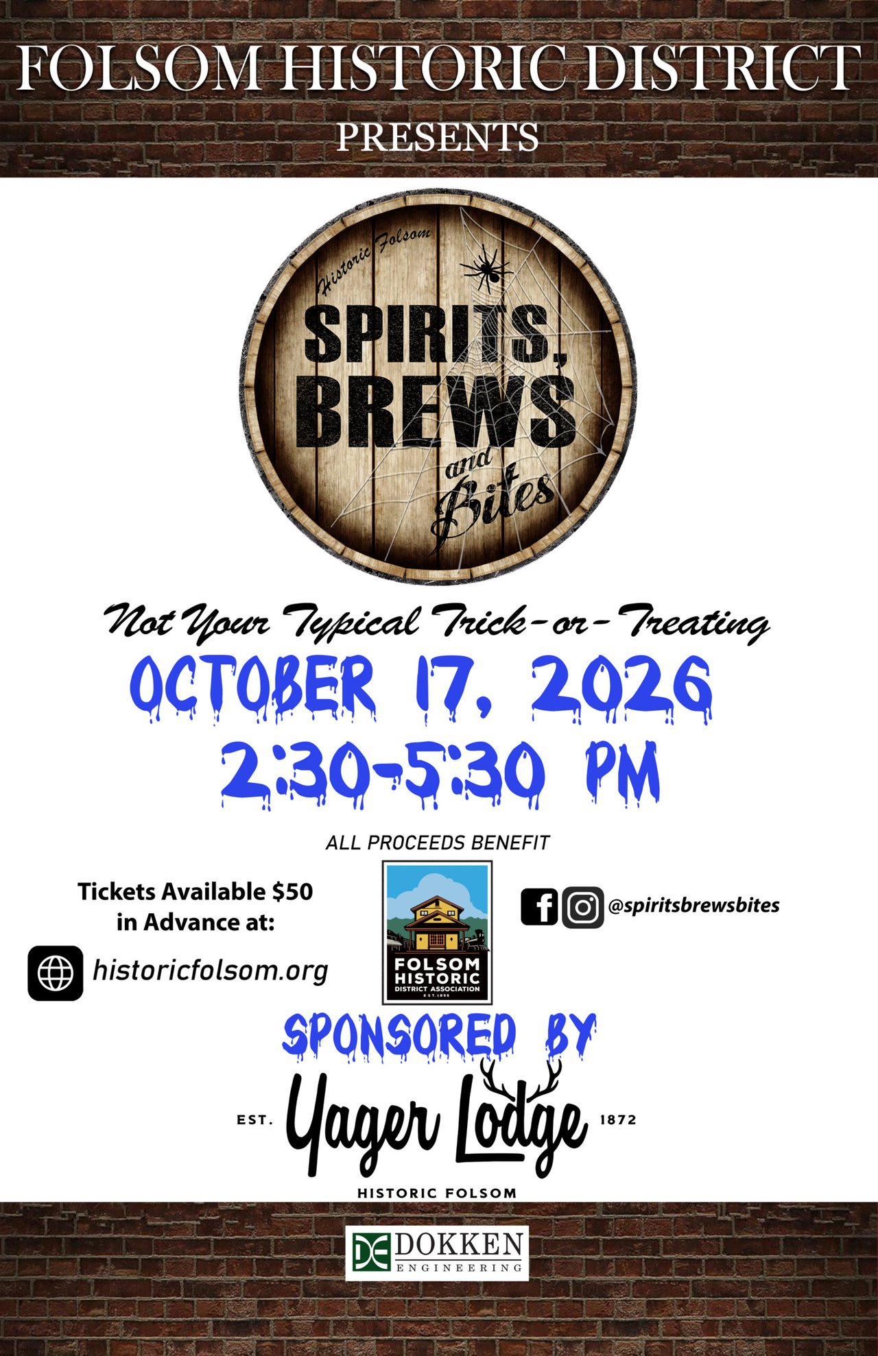 Folsom Historic District Spirits, Brews and Bites Halloween event flyer for October 17, 2026.