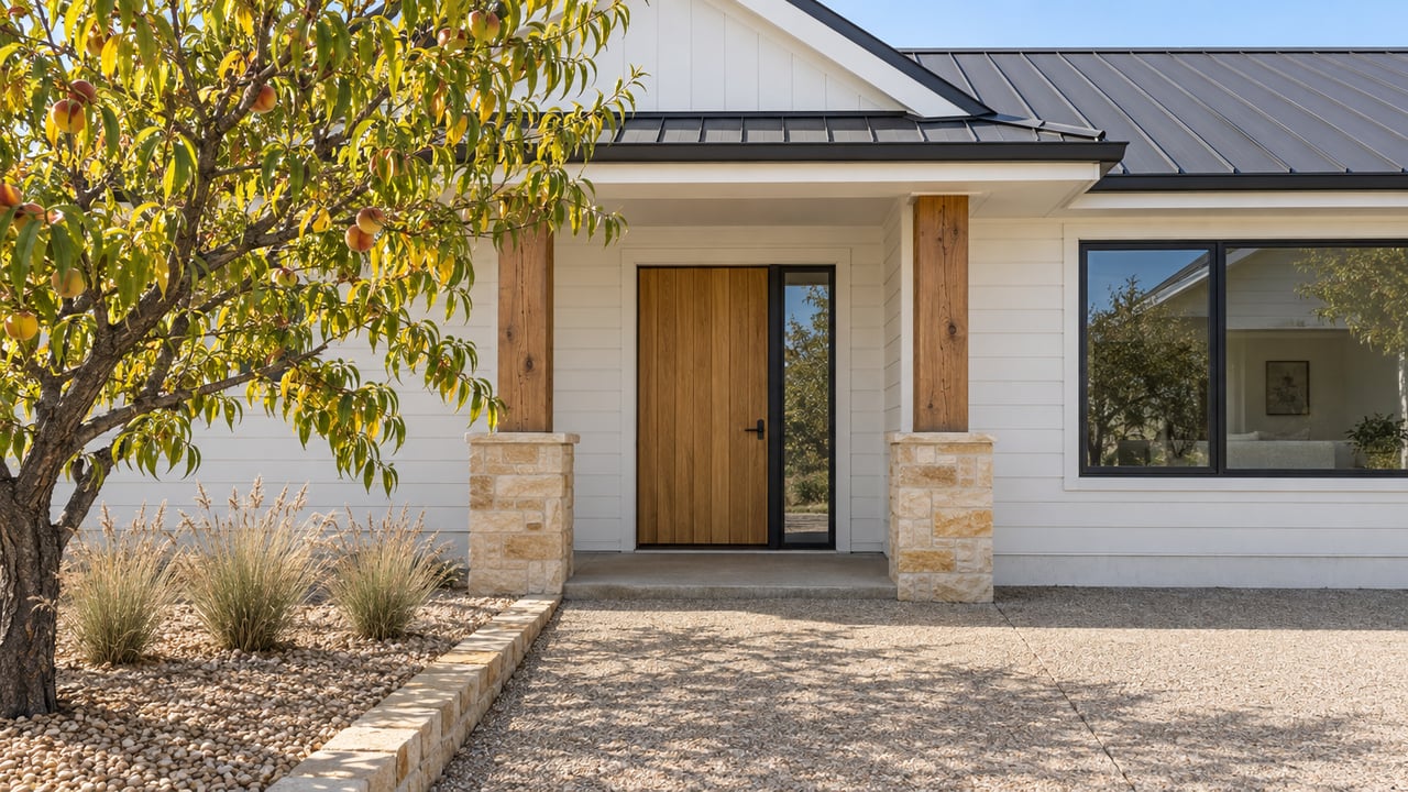 White-sided home entry with timber porch posts, sandstone bases, black-framed windows, and a peach tree with early autumn leaves.