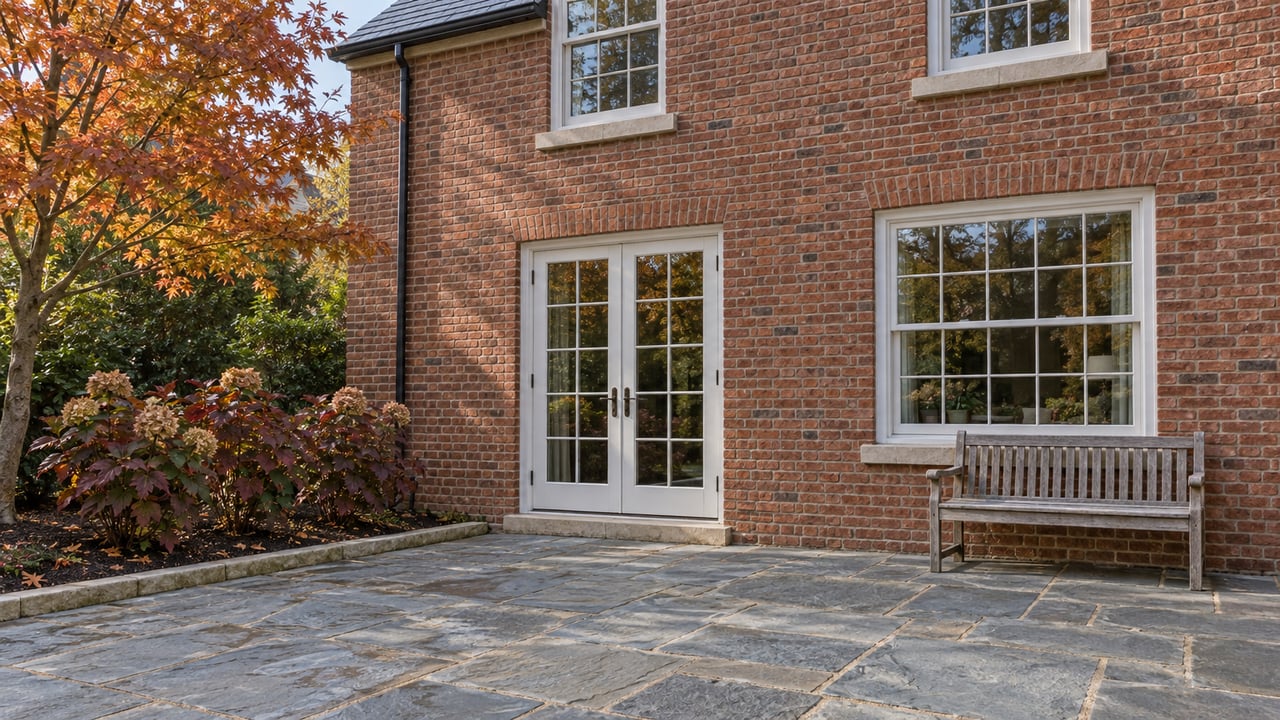 Red-brick home with white French doors, sash windows and a flagstone terrace beside autumn planting.
