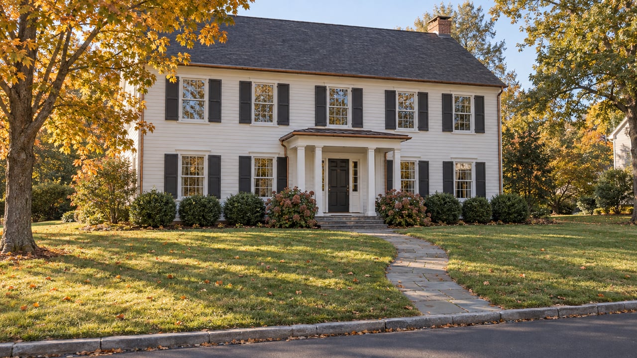 Two-story white clapboard home with a covered portico, curving stone walk, broad lawn, and amber autumn trees.