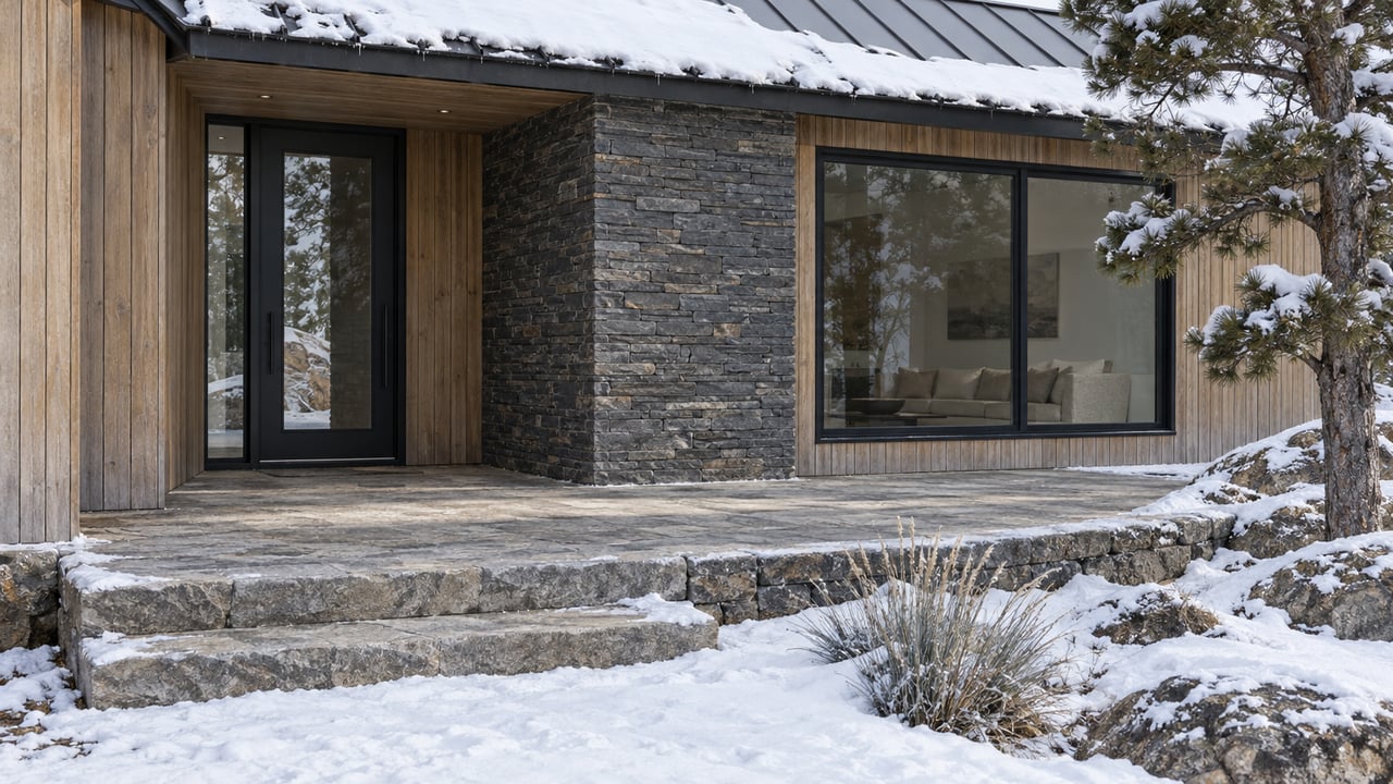 Snow settles on the metal roof and stone terrace of a contemporary timber-and-stone home beside a sculptural pine.