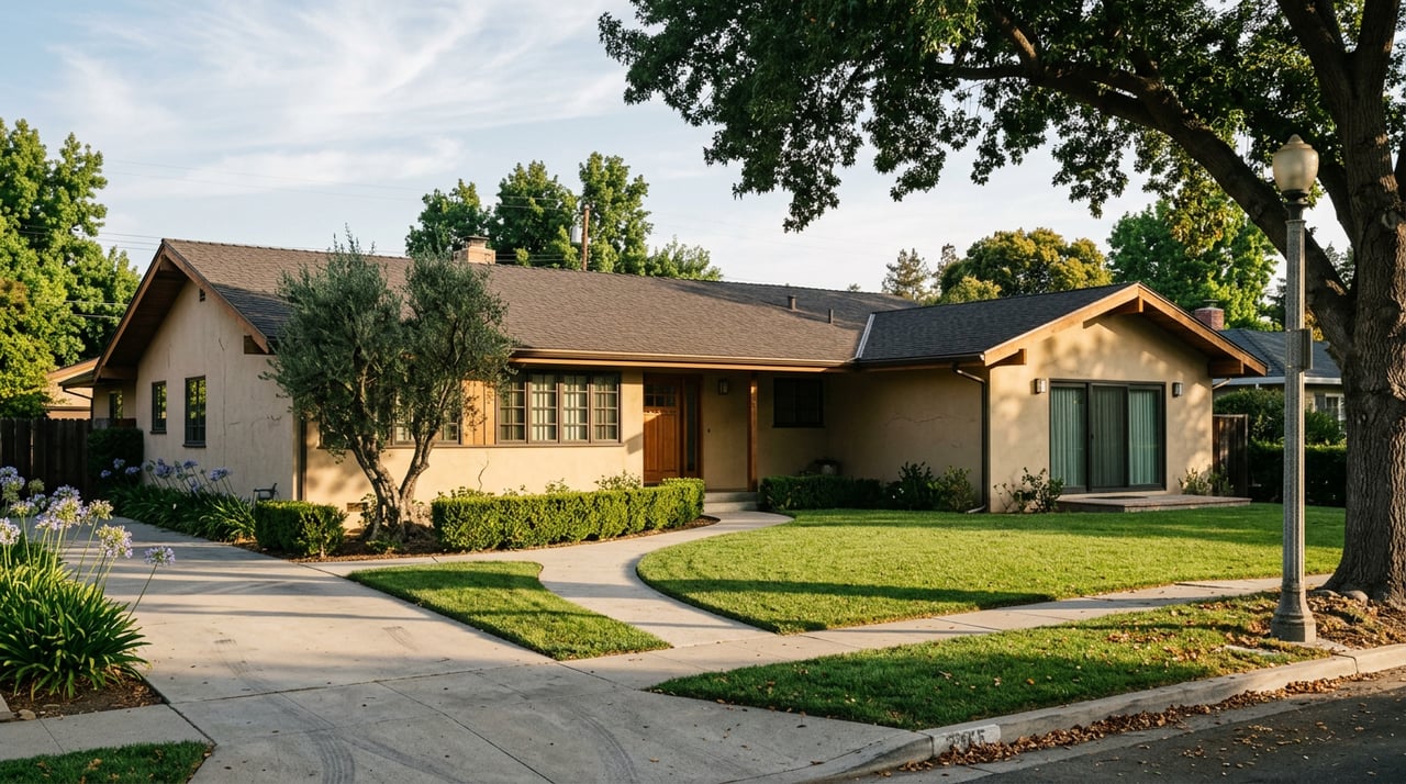 Single-story stucco ranch house with a recessed wood entry, mature oak canopy, and olive tree beside the walkway.