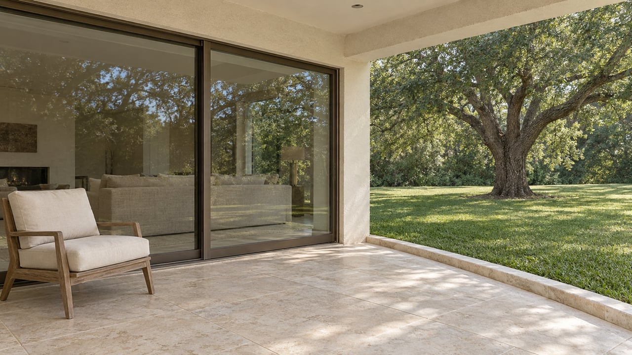 Covered limestone terrace beside bronze-framed glass doors, with a teak lounge chair and a mature live oak beyond the lawn.