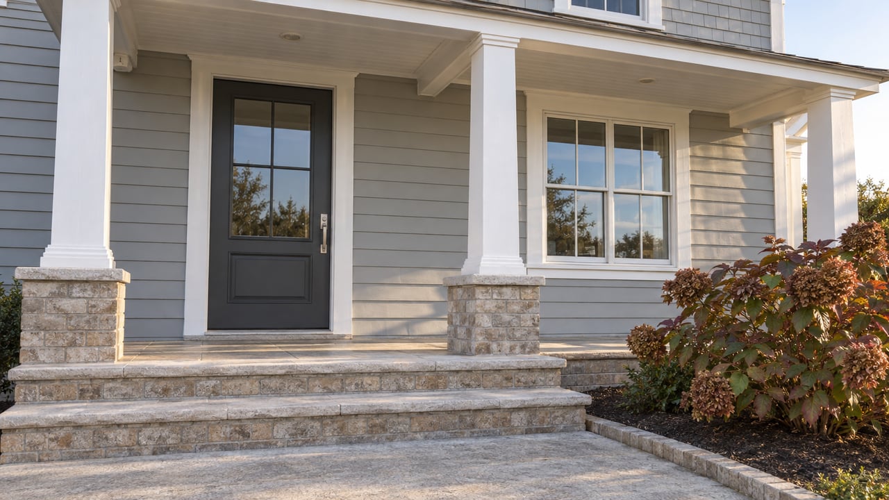Covered entry of a pearl-gray coastal house with limestone steps, white porch columns and burgundy oakleaf hydrangea foliage.