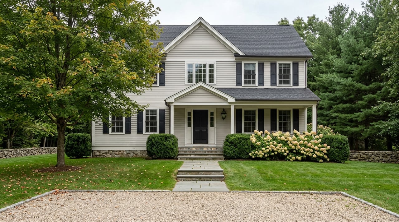 Updated traditional home with a centered gabled porch, gravel motor court, maple tree, and flowering hydrangeas.