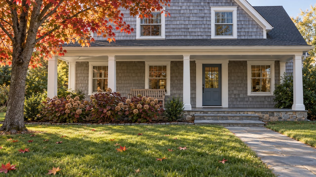 Autumn sunlight on a shingle-clad home with a covered porch, bluestone approach, broad lawn and red maple.