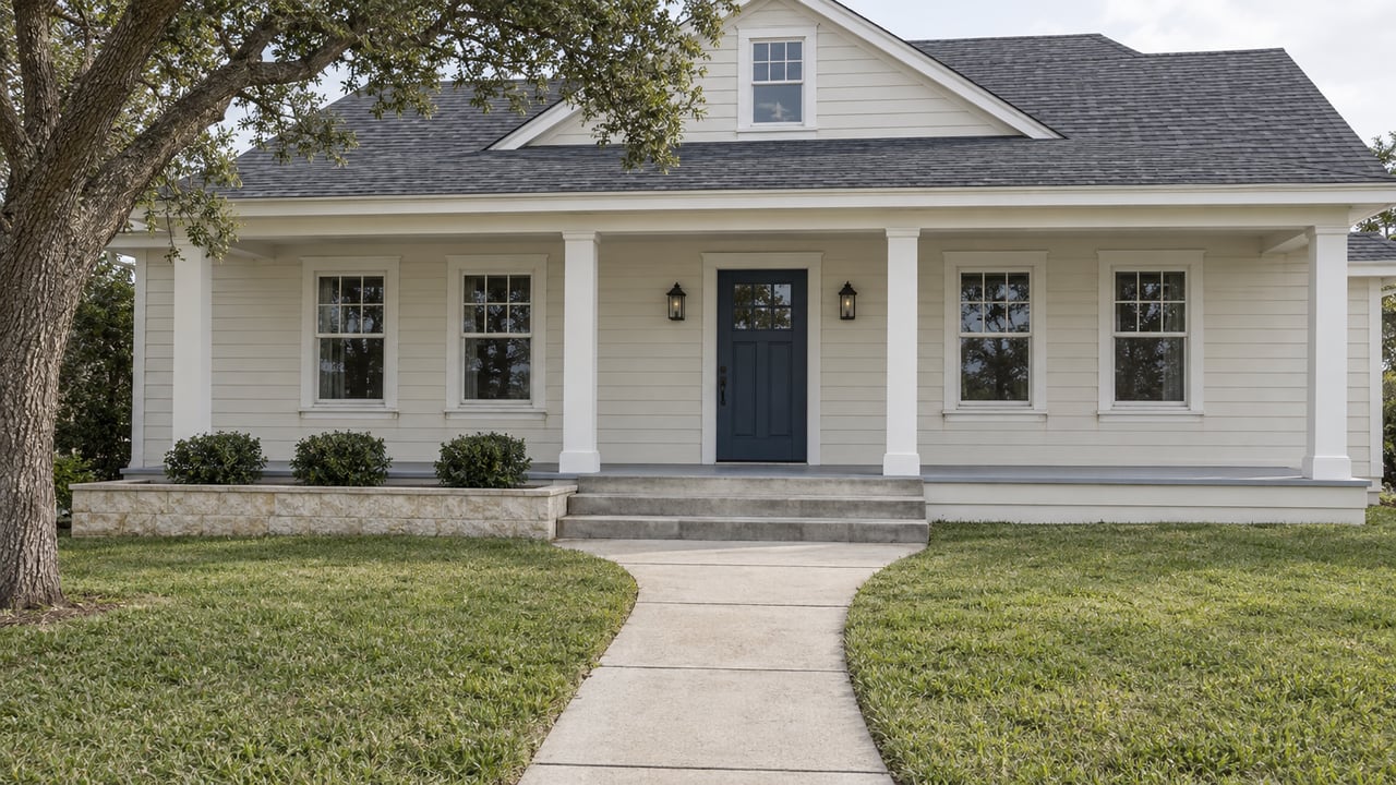Ivory-sided coastal home with a full-width columned veranda, dark gabled roof, deep green lawn and a mature live oak.