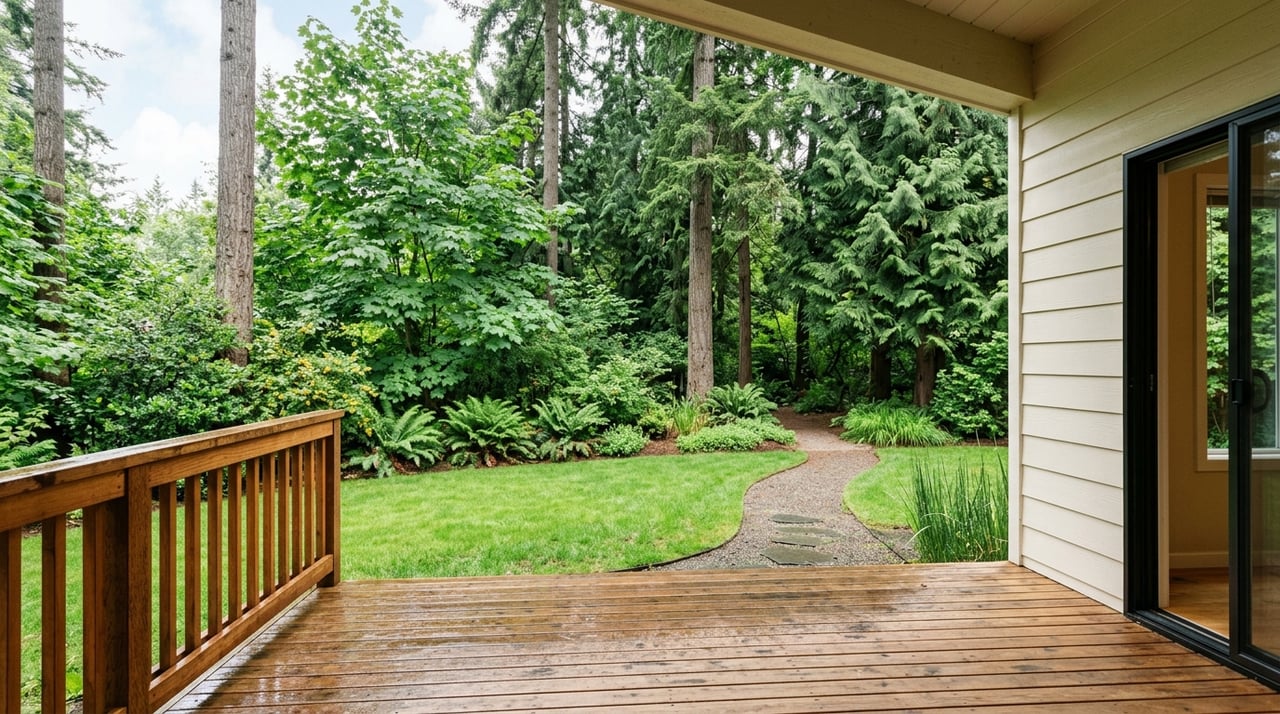 Cedar deck overlooks a lawn and curving stone-set path bordered by ferns and dense trees.