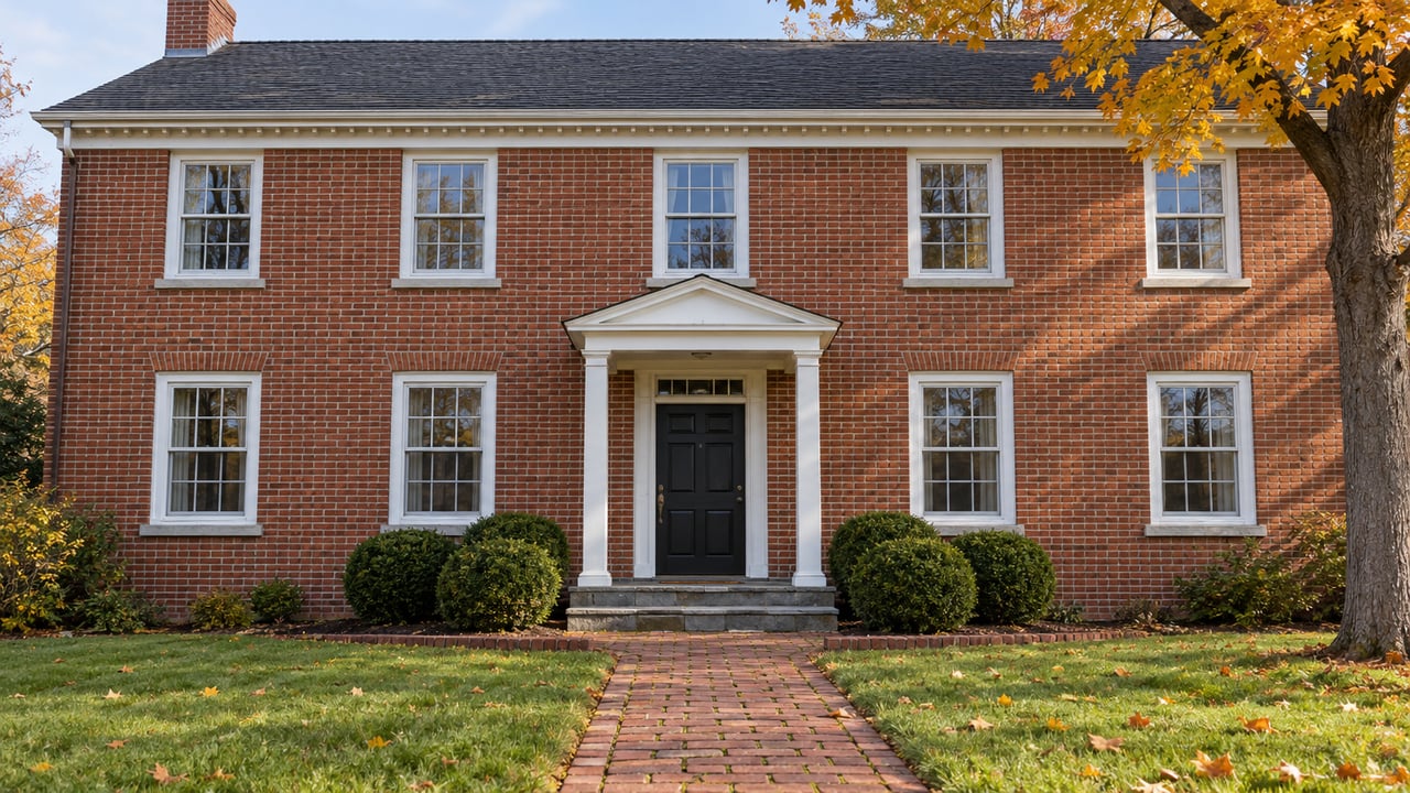 A two-story red-brick house with white trim, a shallow front portico, a brick walk and a golden sugar maple beside the autumn lawn.