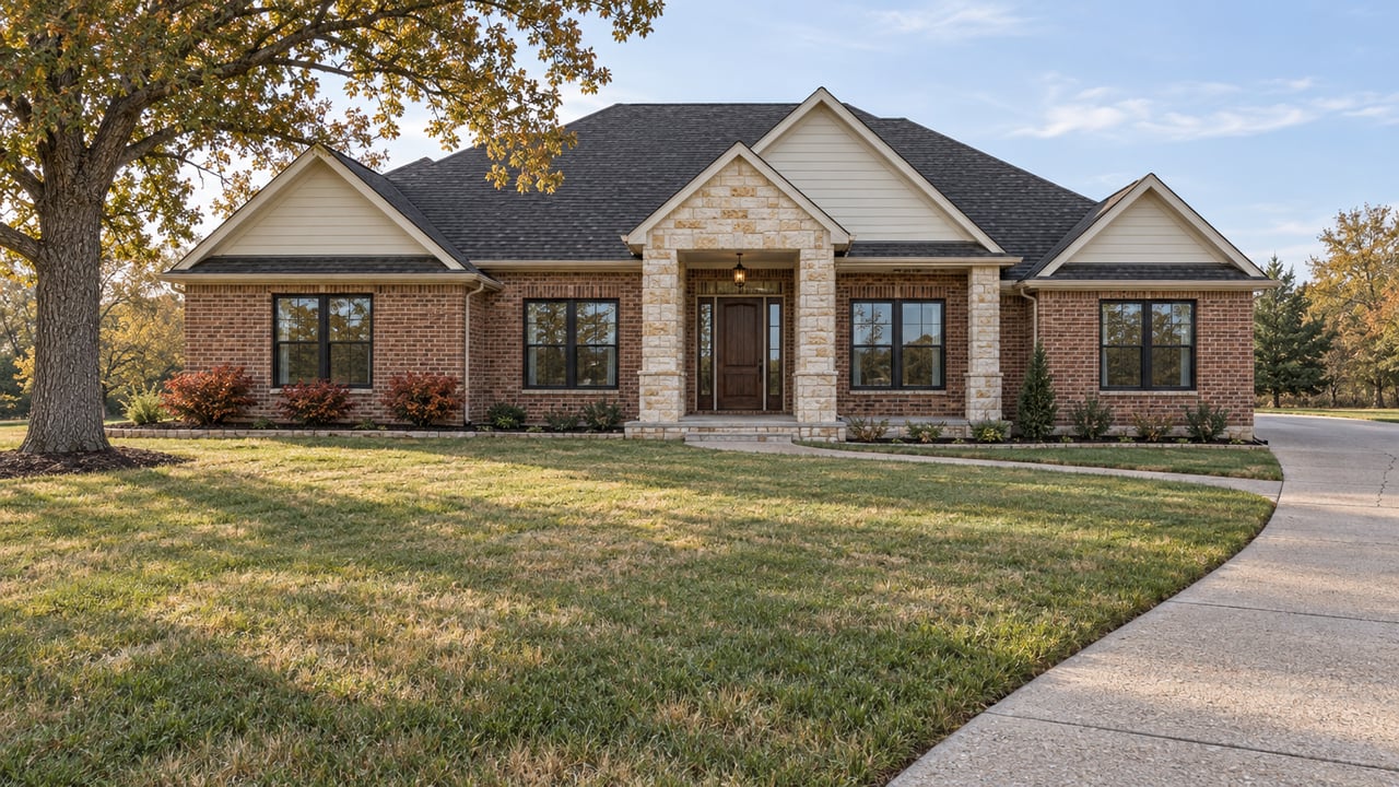 A broad autumn lawn leads to a gabled brick home with a limestone porch and a mature bur oak.