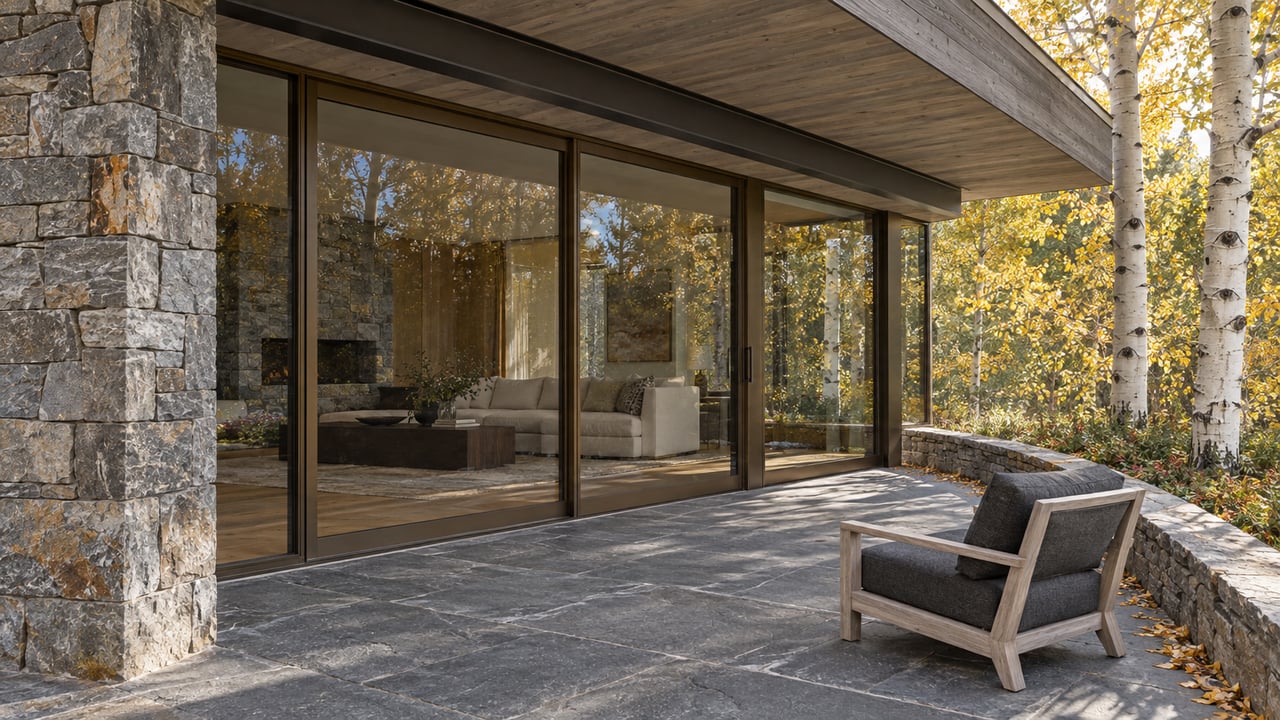 Covered stone terrace with a teak lounge chair, bronze-framed glazing and golden aspen beside a quartzite-clad home.