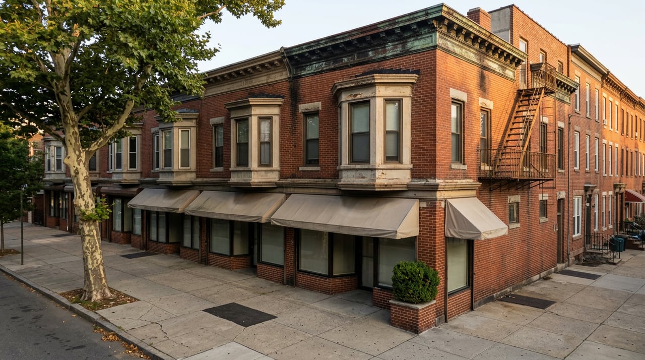 Attached brick corner buildings with bay windows, a cast-iron fire escape, and storefront awnings in morning sun.